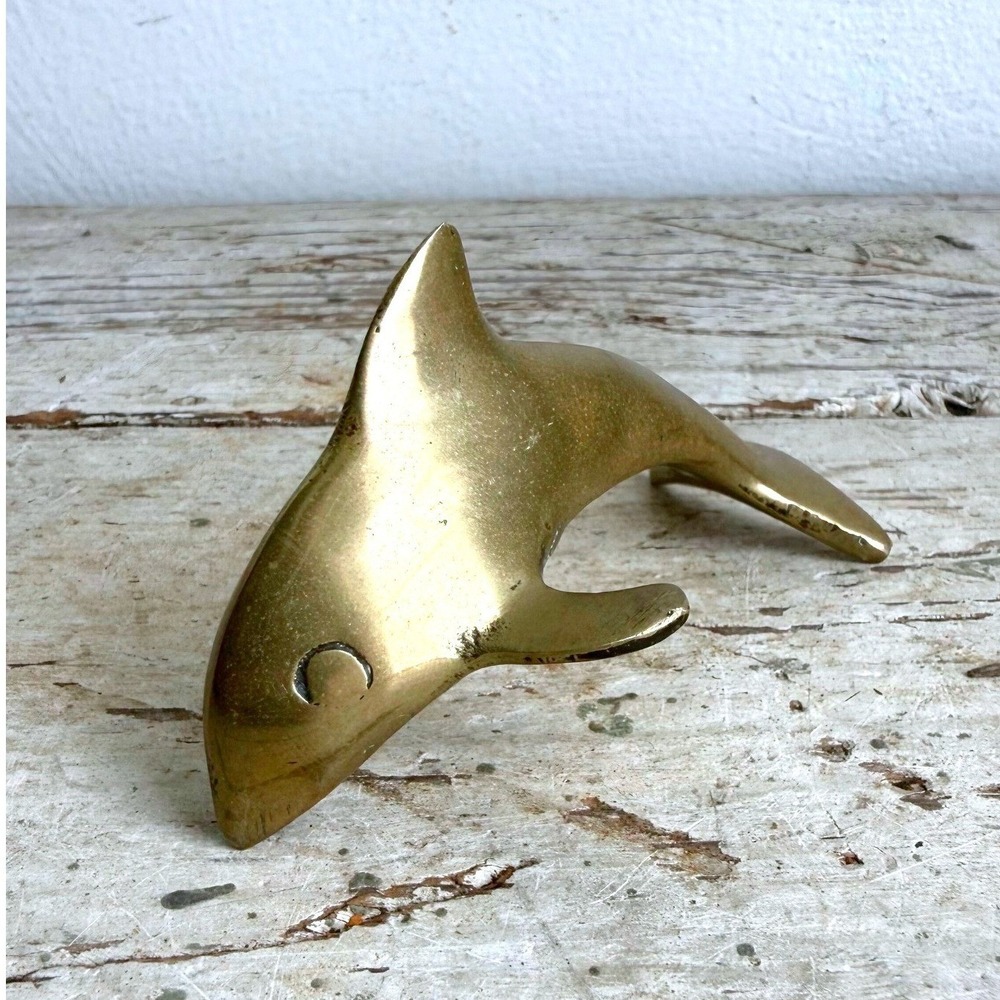 Vintage Solid Brass Dolphin Figurine Small Nautical Paperweight Sculpture 3.75"